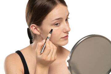 Woman  applying concealer on flawless fresh skin, doing make up. Girl  put corrector under eye area.