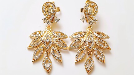 Wall Mural - Elegant gold earrings with sparkling white diamonds and crystals. Perfect for adding a touch of glamour and sophistication