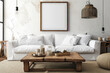 Magazine-style photography of a Japanese-inspired modern living room, square coffee table, white sofa, rustic elements, and blank poster frames for art display
