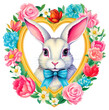 PNG  White rabbit printable sticker flower plant art.