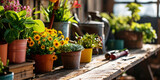 Fototapeta Na drzwi - greenhouse table with flower and plant pots