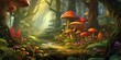 book Mystical forest path lined with oversized mushrooms and vibrant flora Concept: enchanted forest, magical pathway, fairy tale, lush vegetation, adventure