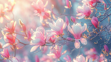 A Branch Of Pink Magnolia Flowers With A Blurry Background.

