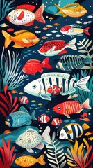  A colorful painting of fish in a blue ocean