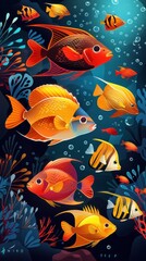 Wall Mural - A colorful fish painting with a blue background