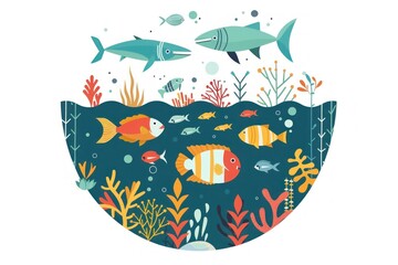 Wall Mural - A colorful fish swimming in a blue ocean with a shark in the background