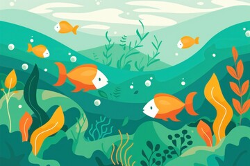 Wall Mural - A group of fish swimming in a green ocean with a blue sky in the background