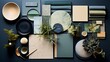Elegant flat lay composition in green blue and beige color palette with textile and paint samples lamella panels and tiles. Architect and interior designer moodboard 