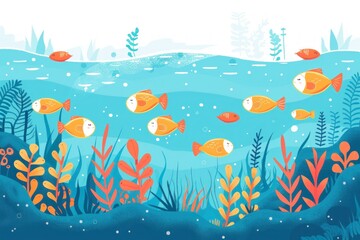 Wall Mural - A group of fish swimming in a blue ocean with green and orange plants