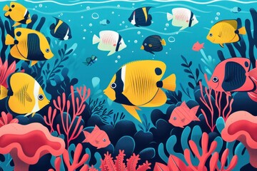 Wall Mural - A colorful underwater scene with a variety of fish swimming around