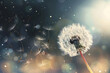 White dandelion with seeds flying away. Blowball against sunset sky