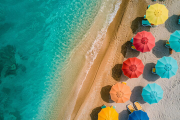 Colorful sun umbrellas on sandy beach with clear blue sea. Beach holidays in summer