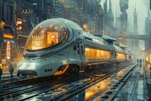 Concept Art Of A City Powered By Hydrogen Energy, Sci-fi Train Station Bathed In Neon Glow, Futuristic Train Ready For Departure Amidst A Bustling, Rainy Metropolis, Pedestrians Strolling By,.