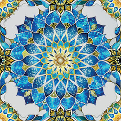 Sticker - A blue and yellow mandala flower seamless pattern with a gold center