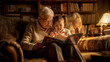 Grandfather and granddaughter immersed in a storybook in a cozy room.