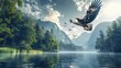 Panoramic view an eagle in flight above a deep lake. AI generated image