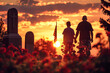 Silhouettes of a family visiting a cemetery, placing flowers and American flags by a gravestone at sunset, Memorial Day, patriotic, with copy space
