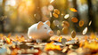 Coins falling to white piggy saving ,  Financial and money deposit concept.