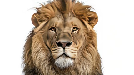 Wall Mural - Portrait old lion wild animal standing isolated white background. AI generated image