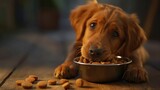Fototapeta  - Portrait a dog eats dry food in a bowl at home. AI generated image