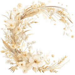 Wall Mural - A flowery wreath with a gold frame border. The flowers are in various shades of pink and purple