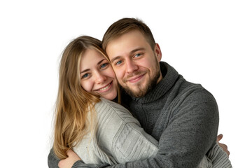 Portrait of happy couple hugging and holding together with smiling isolated on transparent png background, loving moment, romantic scene.