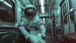 Astronaut sits in the train and waits, 
