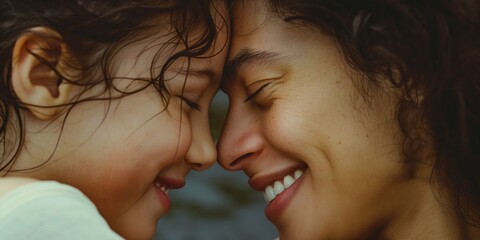 Intimate moment between European mother and child, noses touching in affection