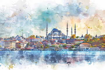 Wall Mural - Istanbul A painting of a city with a large blue dome on top of a building. The painting is of a city with a river running through it.