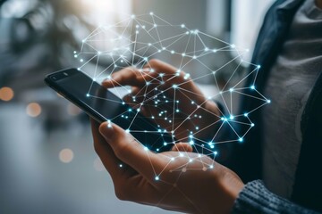 Smartphone with network dots technology created with generative ai