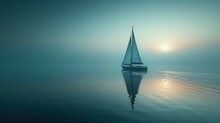 A Minimalistic And Calming Scene Of A Lone Sailboat On A Calm Lake With A Reflection. AI Generate Illustration