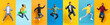 © Prostock-studio - Vibrant Collage Of Men Displaying Dynamic Poses While Jumping Against Colorful Backgrounds