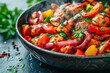 Mexican steamy chicken fajitas with peppers for food blog and recipe visuals, copy space