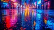 Abstract neon city lights reflecting on wet pavement after a rainstorm. AI generate illustration