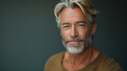 A man with a beard and gray hair is smiling at the camera. He is wearing a brown shirt and he is in a good mood. a handsome blonde middle aged man