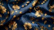 A smooth expanse of Turkish brocade fabric in rich navy blue, interwoven with gold threads forming elegant floral motifs. 
