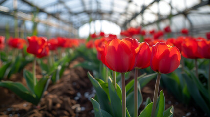 Wall Mural - A field of red tulips with a few of them in the foreground. The flowers are in a greenhouse. Red closed tulips growing in a large industrial greenhouse on sawdust
