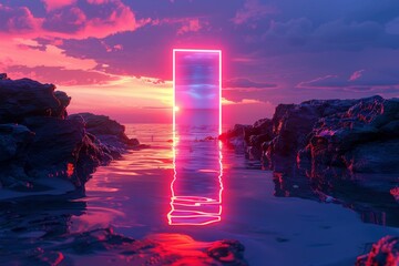 Sticker - A glowing red doorway is reflected in the water