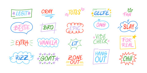 Set of slang words, hand drawn lettering of modern short phrases. Gen Z buzzword, millenial catchphrase stickers collection with colorful doodles in vector