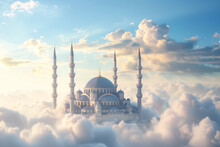 A Majestic Mosque Rendered In 3D, Suspended Above Ethereal Clouds Against A Clear Blue Sky.