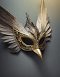A gold mask with a black feather on it