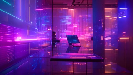 Poster - A laptop computer is placed on top of a glass table, displaying a modern workplace setup, Digital office where holograms replace physical objects