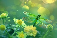 AI-generated Illustration Of A Green Iridescent Dragonfly Hovering By Flowers