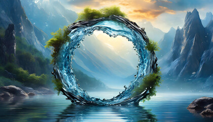 Wall Mural - Circle frame made of water. World ocean day. Green plants. Fantasy scenery, Abstract image.