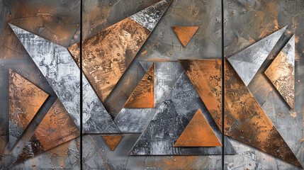 3 Panel Wall Art, Textured Granite with Copper and Platinum Geometrics