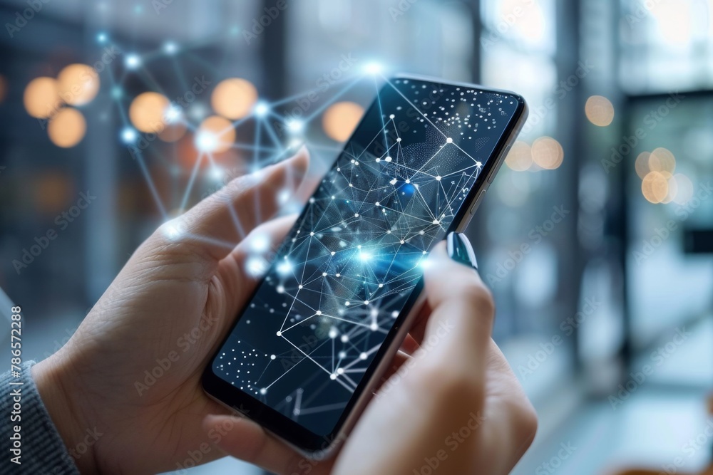 Smartphone with network dots technology created with generative ai