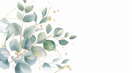 Wall Mural - watercolor bouquet of green eucalyptus leaves and golden geometric shapes wedding invitation illustration