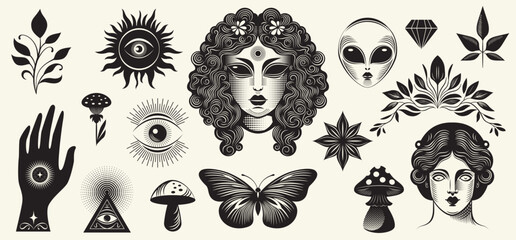 Set of magic esoteric symbols in vintage style, etching , monochrome logos design