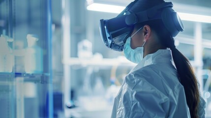 Poster - Scientist in Lab Coat Using Virtual Reality Headset in High-Tech Lab