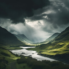 Wall Mural - Green valley with river under dark cloudy sky